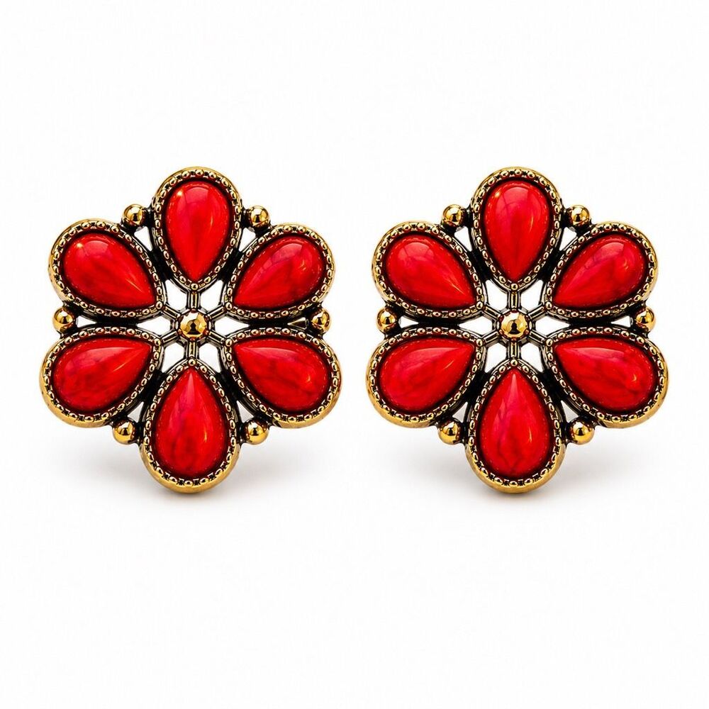 Oversized Red Cluster Work Stud Earrings Western Prairie Style - Grande